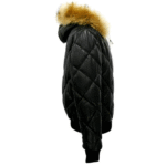 Joel quilted puffer winter leather jacket with diamond stitching and fur hoodie - Image 2