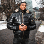 Ash Black Hooded Puffer Leather Jacket With Fur Trim - Image 3