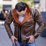 Vintage Brown Sherpa lined Leather jacket with D pocket - Image 3