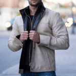 Barnes Bone White hand waxed double collar leather jacket - Image 5