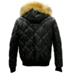 Joel quilted puffer winter leather jacket with diamond stitching and fur hoodie - Image 3