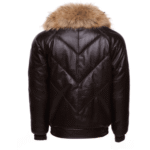 Brown V-Bomber style Puffer Winter Leather Jacket with fur collar - Image 2