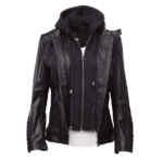 Women's black leather jacket with piping details - Image 2