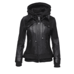 Daphne Black Leather Jacket With Fleece Hoodie - Image 4