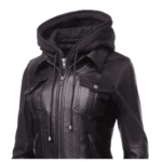 Daphne Black Leather Jacket With Fleece Hoodie - Image 5