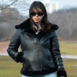 Sofie's black biker style sheepskin shearling jacket with hoodie - Image 4