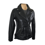 Emilie's black biker style leather jacket with waist belt - Image 2