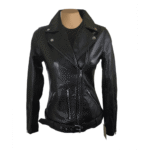 Emilie's black biker style leather jacket with waist belt