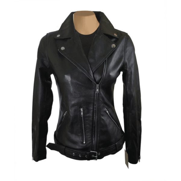 Emilie's black biker style leather jacket with waist belt