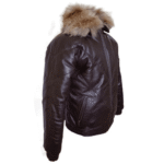 Brown V-Bomber style Puffer Winter Leather Jacket with fur collar - Image 3
