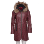 Hannah's Burgundy 3/4 length Double breasted leather jacket with real fox fur hoodie