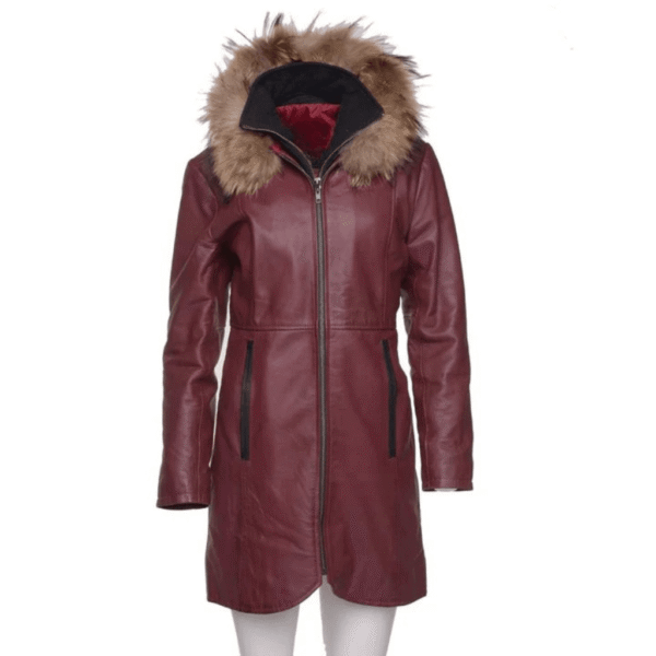 Hannah's Burgundy 3/4 length Double breasted leather jacket with real fox fur hoodie