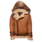 Rocco Vintage Cognac Aviator bomber shearling jacket with Fox trim hoodie - Image 3
