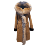 Chantal's Tan Shearling coat with large fox fur hoodie and trim - Image 2