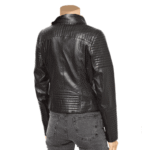 Women’s Black Biker Style Leather Jacket With Ribbed Panels - Image 3