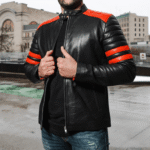 Black moto style jacket with shoulder and arm patches - Image 4