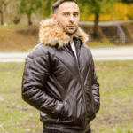 Brown V-Bomber style Puffer Winter Leather Jacket with fur collar - Image 4