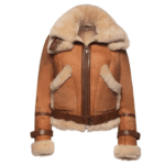 Kristy Vintage Cognac Womens Crop Shearling Bomber Jacket - Image 2