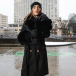 Aria Black Chic long cashmere blend coat with fox fur - Image 4