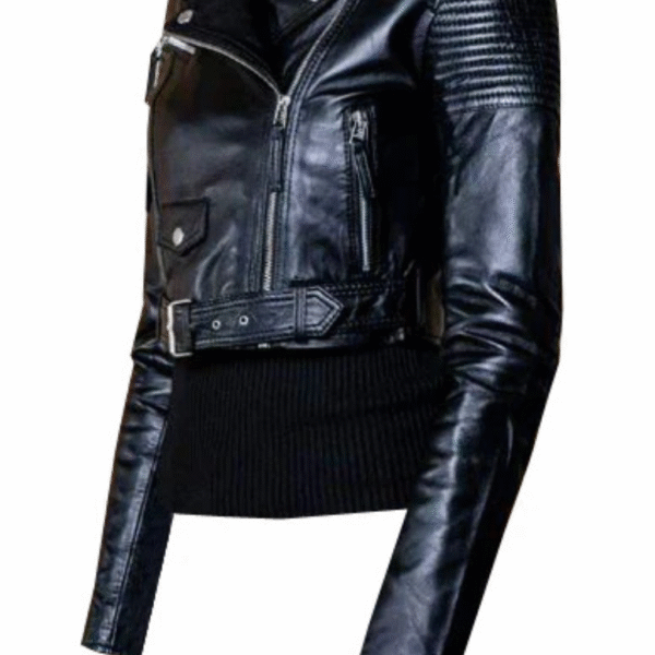 Martyna’s Black Crop Biker Leather Jacket With Waist Belt