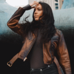 Tracy's shaded brown crop biker leather jacket with waist belt - Image 3